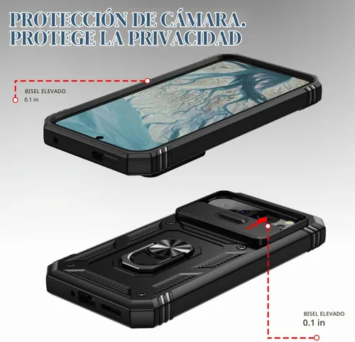Vista 4 de Funda para Pixel 9 Pro XL con cubierta deslizante para cámara, 2 protectores de pantalla de vidrio templado, soporte de anillo giratorio de 360°