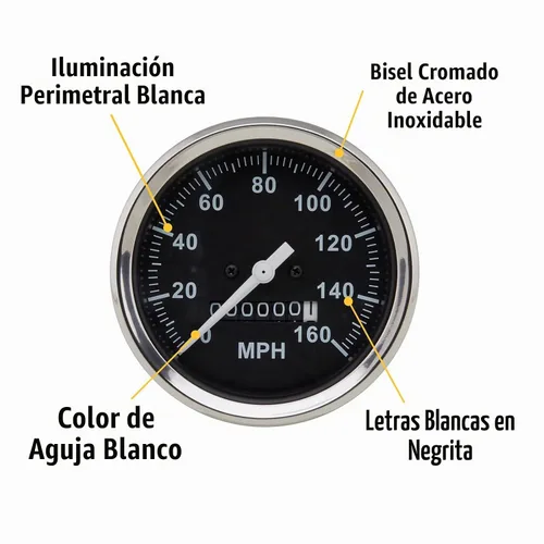 Vista 5 de Juego completo de 5 indicadores: velocímetro mecánico de 3-3/8", medidores de componentes de 2-1/16" con cara negra, puntero blanco y bisel cromado