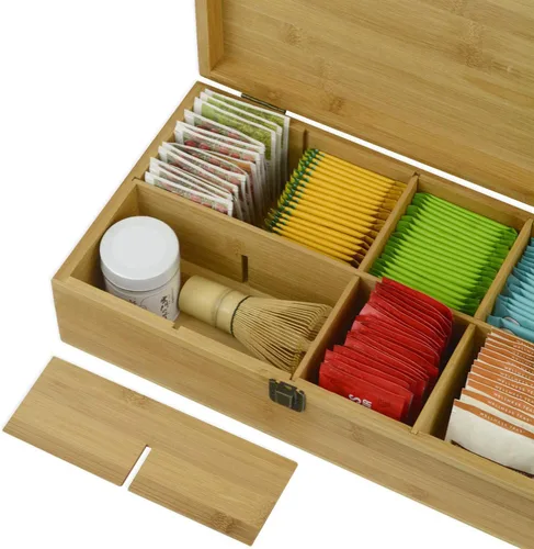 Vista 4 de Caja organizadora de té de bambú sin productos químicos, ecológica, grande, alta y ajustable, baúl de almacenamiento de madera natural