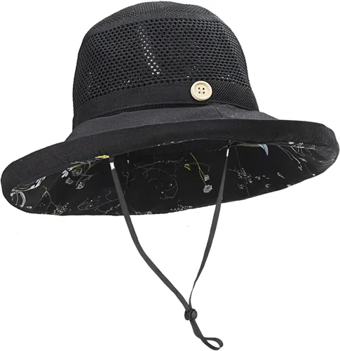 Vista 8 de Sombreros de malla de verano para mujeres con protección UV de ala ancha plegables para playa tipo bucket Negro