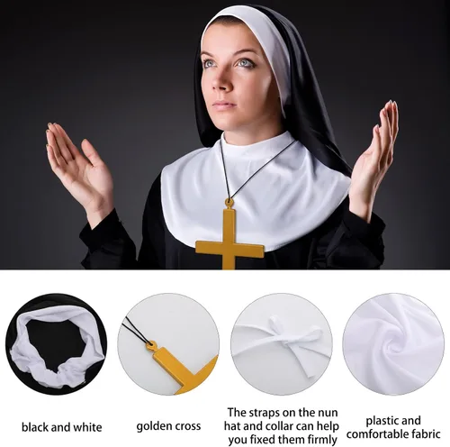 Vista 3 de 6 piezas de accesorios de disfraz de sacerdote y monja de Halloween, sombrero de monja, collar blanco de monja, collar de sacerdote, gafas
