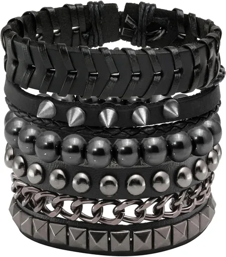 Vista 7 de Eigso 2-5 pulseras de piel sintética para hombres y mujeres, pulseras góticas steampunk ajustables con cadenas