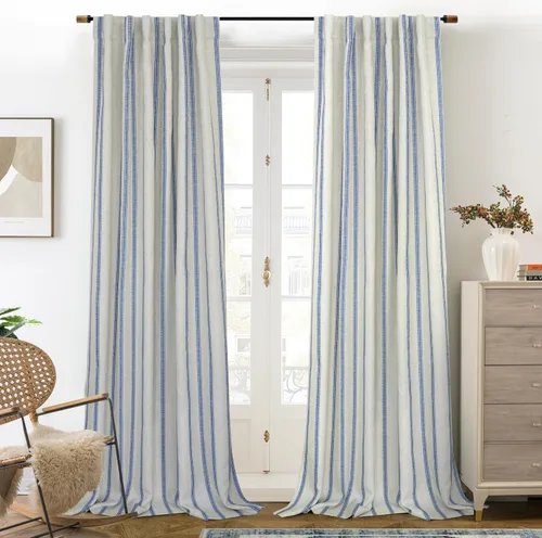 Vista 65 de DriftAway Cortinas opacas de mezcla de lino de granja de 90 pulgadas de largo para dormitorio, cortinas de lino con estampado de rayas verticales