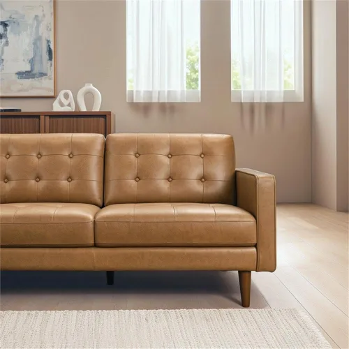 Vista 4 de ASHCROFT Lucille - Sofá modular esquinero de cuero moderno para sala de estar, color marrón coñac