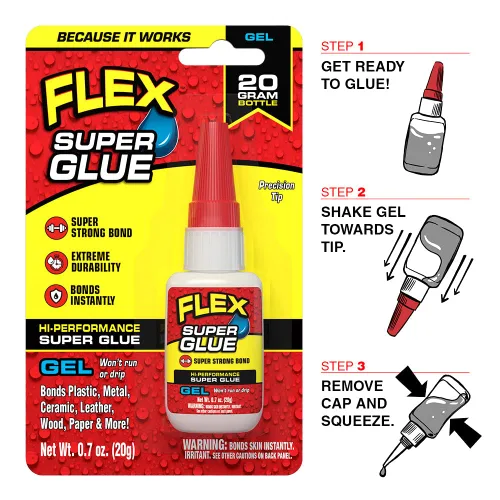 Vista 2 de Flex Super Glue Gel, botella de 20 gramos, paquete de 1, transparente, unión instantánea, secado rápido, adhesivo de cianocrilato, punta