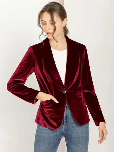 Vista 3 de Allegra K Abrigo de oficina de Navidad para mujer, cuello de chal sólido, chaqueta de terciopelo con 1 botón