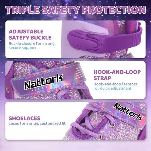 Vista 5 de Nattork - Patines de ruedas para niños pequeños, patines de tres ruedas ajustables en 4 tallas para niñas de 3 a 7 años con ruedas iluminadas Sueño