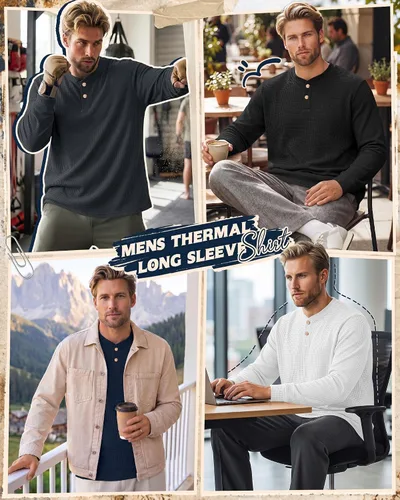 Vista 2 de Ficerd Paquete de 5 camisas de manga larga para hombre Waffle Henley