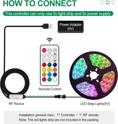 Vista 8 de RGBZONE Controlador LED USB de 5 V CC, control remoto inalámbrico RF de 21 teclas, controlador LED de 3 pines de 3.3 ft/3.3 pies, 5V WS2812 WS2811