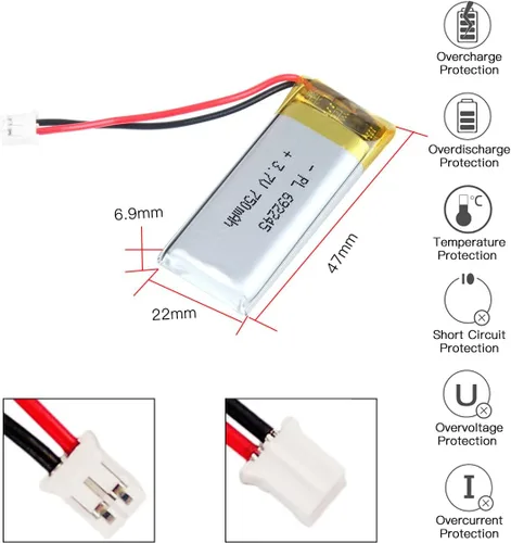 Vista 3 de 3.7V 750mAh 692245 Batería Litio Polímero Ion Recargable Lipo Batería con PH 0.079 in Conector