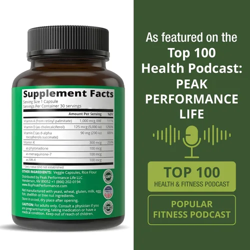 Vista 6 de Peak Performance Vitaminas D 5,000 UI + A + K + E Todo en 1 Cápsula Vegana Fácil de Tragar. Suplemento Vitamínico ADK con E D3 K2. Vitaminas