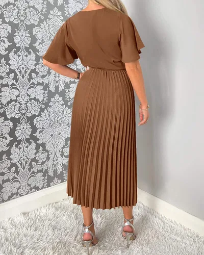 Vista 5 de BTFBM Vestidos de verano casuales con cuello en V para mujer, manga corta, satén, con lazo en la cintura, plisados, fluidos, para invitados de boda