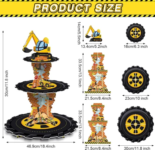 Vista 2 de Tiamon Decoraciones de cumpleaños de construcción de 3 niveles con tema de construcción, soporte para cupcakes, camión volquete de cartón, soporte