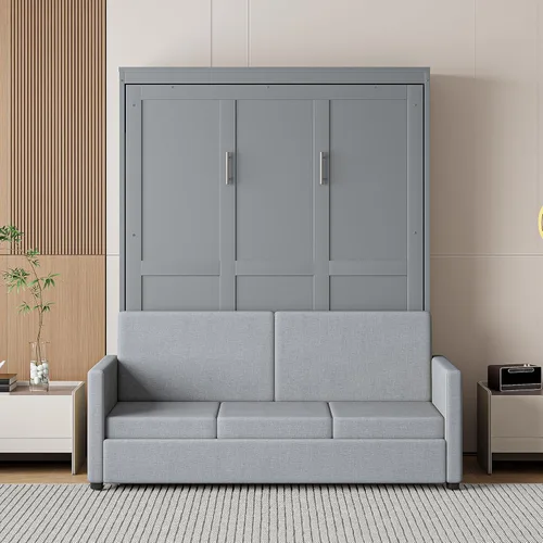 Vista 12 de MERITLINE Cama Murphy horizontal completa con sofá y estantes de almacenamiento, luz LED, madera maciza que ahorra espacio, cama de pared Murphy