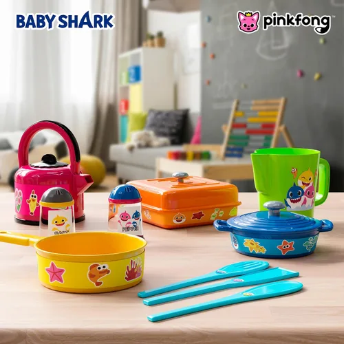 Vista 3 de Lollipop Baby Shark Cooking Adventure Set - Juego de cocina con ollas, sartenes, utensilios, taza medidora, tetera de té, sal y pimentero, gran
