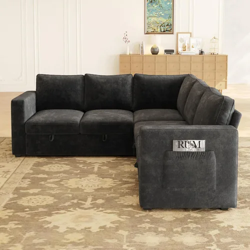 Vista 9 de Sofá modular de 85 pulgadas con cama extraíble, sofá modular de 5 asientos en forma de L con almacenamiento, sofás seccionales para sala de estar