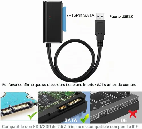 Vista 8 de Cable SATA a USB 3.0 a 2.5 Adaptador de disco duro de 3.5 pulgadas, convertidor externo para transferencia de datos SSD/HDD, con fuente