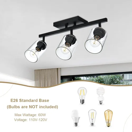 Vista 5 de 3 apliques de pared negros de luz para tocador de baño con pantalla de vidrio transparente, lámpara clásica con cabezal de luz giratoria, lámpara