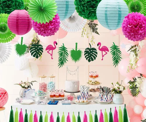 Vista 4 de Juego de 29 piezas de decoración de fiesta de hojas de palmera de flamenco tropical, abanicos de papel, pompones y linternas para Luau hawaiano