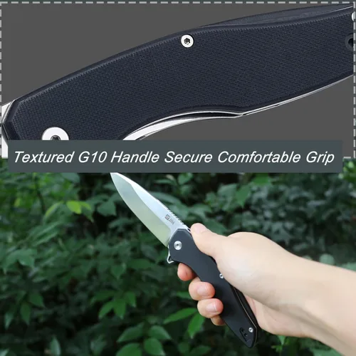 Vista 6 de JIN Cuchillo de bolsillo para hombres, cuchillo plegable EDC, cuchillos de bolsillo Captain con clip, hoja D2 afilada de 3.5", mango G10 negro, kit