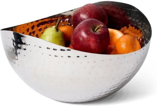 Vista 4 de Cuenco decorativo grande, cuenco de fruta de acero inoxidable para servir ensalada, cuenco de centro de mesa martillado (redondo de 10 pulgadas)