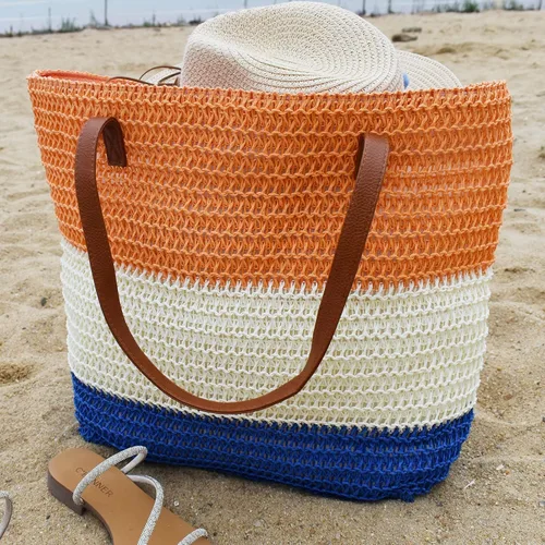 Vista 20 de Bolso grande de paja para mujer, tejido de ratán, bolso de playa de verano, a rayas