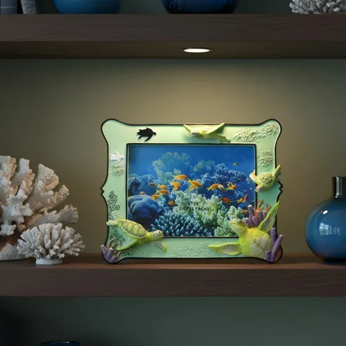 Vista 4 de Marco de fotos decorativo de resina de tortuga marina de 6 x 8 pulgadas para mesa. Decoración del hogar con diseño de tortuga marina del océano.