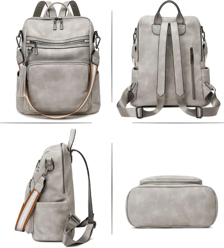 Vista 3 de OPAGE - Mochila de cuero para mujer, con borla de moda, bolso de hombro, mochila grande, bolsa de viaje, gris, L