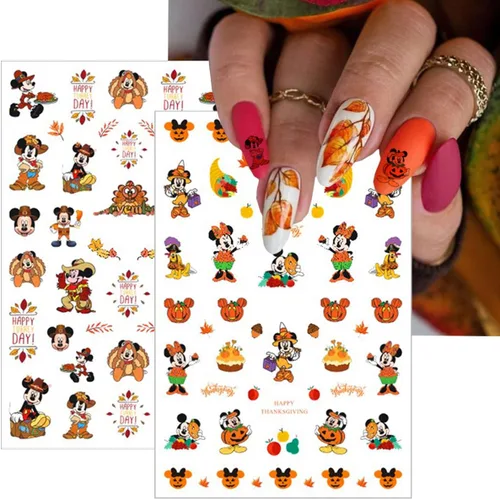 Vista 4 de 12 hojas de calcomanías de arte de uñas de hojas de arce de dibujos animados, calcomanías autoadhesivas 3D, calabazas de otoño, diseños