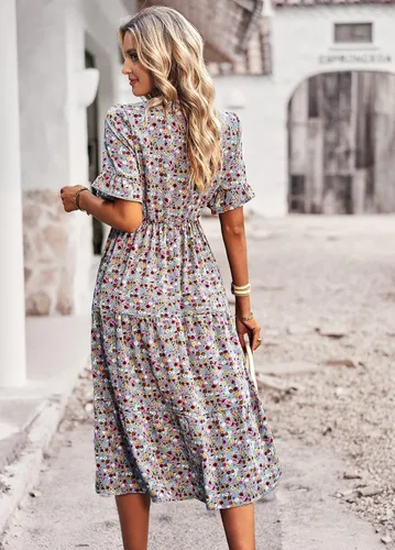 Vista 5 de Vaiaye Vestido bohemio floral de manga corta para mujer, vestido de verano casual, cuello en V, acampanado, bohemio, maxi vestidos