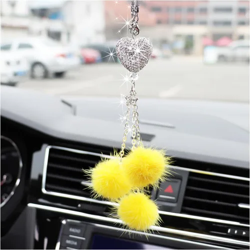 Vista 12 de Ziciner Accesorios de Interior de Coche con Diamantes Brillantes en Forma de Corazón - Adorno Colgante de Corazón y Bola de Felpa Rosa, Encanto