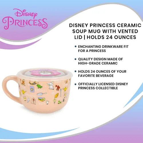 Vista 7 de Disney Princess - Taza de cerámica para sopa con tapa ventilada, cuenco para helado, cereales, avena, taza de café grande para expreso, cafeína