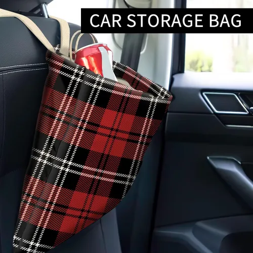 Vista 2 de Basurero para automóvil, organizador colgante y bolsa de almacenamiento, papelera para vehículo, viajes, camping, tablero de ajedrez negro y rojo