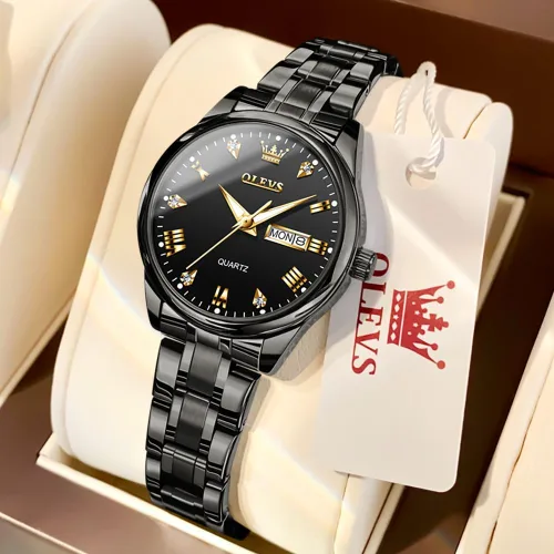 Vista 2 de OLEVS Reloj de mujer con diamantes de oro, clásico, elegante, de acero inoxidable, impermeable, fecha de día