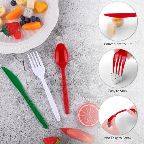 Vista 3 de Kochorie 360 cubiertos de plástico de Navidad desechables cubiertos de plástico para Navidad, rojo, verde, blanco, tenedores, cuchillos y cucharas