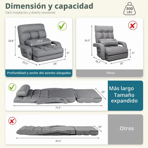 Vista 2 de Cómoda silla de piso con respaldo ajustable, sillas de sofá para juegos (gris) STHOUYN, 2 puertos de carga USB, interior, sofá perezoso, silla