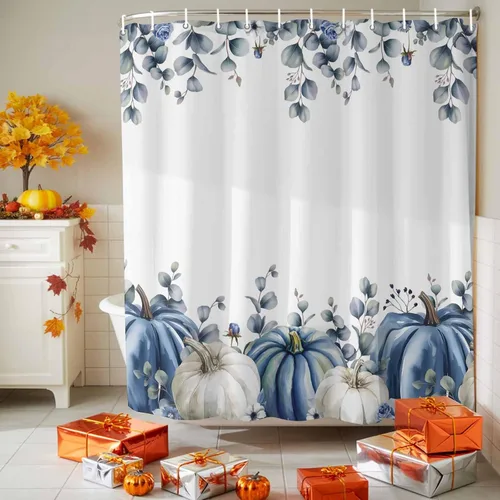 Vista 5 de Cortina de ducha de calabaza azul para baño, calabazas blancas, hojas verdes, cortinas de baño con ganchos, tela de poliéster impermeable, cortinas