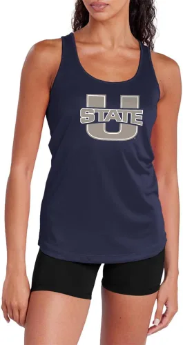 Vista 201 de Camiseta deportiva sin mangas oficial de NCAA Collegiate para mujer, con espalda cruzada, colección con logotipo primario