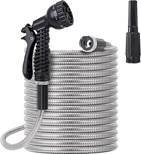 Vista 6 de Manguera de jardín de metal de 10 pies – Manguera de agua de acero inoxidable con boquilla ajustable, ligera, sin enredos y sin torceduras