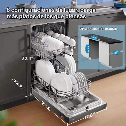 Vista 3 de Midea - Lavavajillas integrado de 18 pulgadas, 8 ajustes de lugar, bañera de acero inoxidable