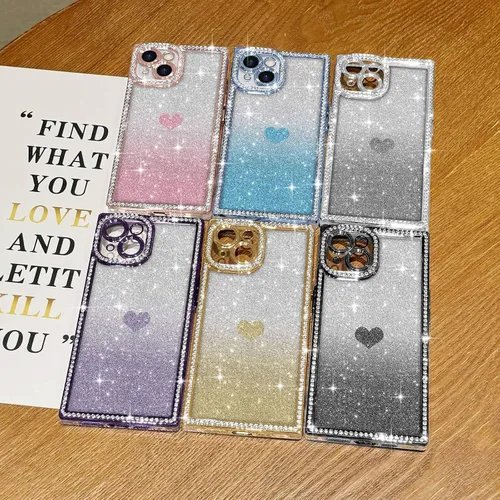 Vista 8 de Funda para iPhone 13, funda de diamantes de imitación de lujo con patrón de corazón de amor de cristal [papel con purpurina extraíble], parachoques