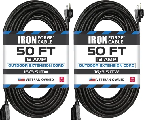 Vista 14 de Iron Forge Cable Paquete de 2 cables de extensión negros de 3 pies, cable de extensión de 16/3, 3 pies, 3 puntas, resistente a la intemperie, ideal