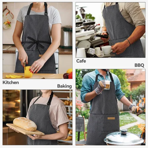 Vista 7 de NLUS Paquete de 2 delantales de cocina ajustables con babero, delantal de chef suave con 2 bolsillos para hombres y mujeres (rayas negras)