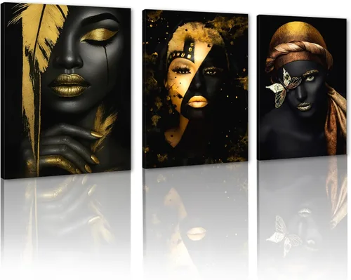 Vista 54 de MAMAGO Lienzo decorativo para pared, pintura de belleza dorada y negra, fotos de mujeres africanas, hermosos pósteres de mujer negra, impresiones