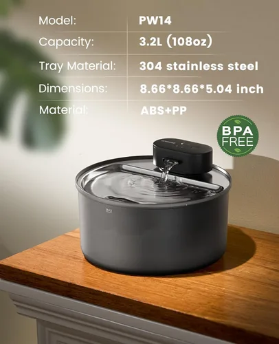 Vista 9 de oneisall Fuente de agua para gatos Bandeja de acero inoxidable: Fuente inalámbrica para mascotas de 108 oz/3.2L para gatos en interiores