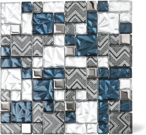 Vista 10 de Azulejos de vidrio blanco y negro para cocina, baño, pared, salpicadero, mosaico, patrón de Versalles [Juego de 5] Negro/Blanco