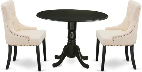 Vista 19 de East West Furniture DLFR5-BLK-02 - Juego de mesa de comedor moderno de 5 piezas, incluye una mesa redonda de madera con gotas y 4 sillas tapizadas