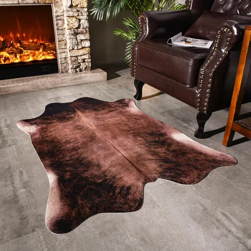Vista 43 de Easycozy Alfombra de piel de vaca sintética con gran estampado de vaca, 3 x 4 pies, alfombra gruesa y elástica para dormitorio, sala de estar