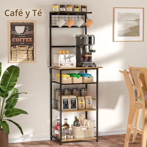 Vista 7 de Estación de café de 5 niveles, soporte de cocina con 4 ganchos en forma de S, gabinete de barra de café de esquina estilo granja para espacios