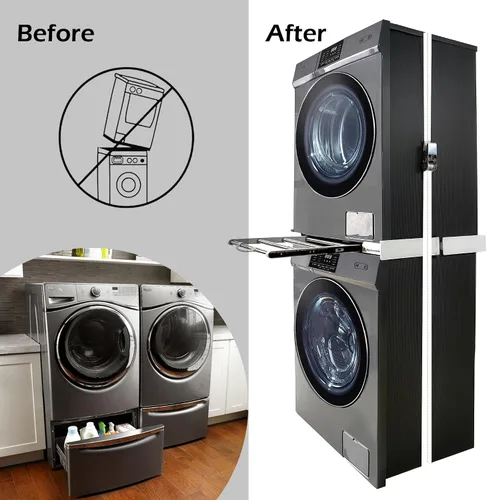 Vista 3 de Kit de apilamiento MaxWorks para lavadora y secadora, kit de apilamiento universal para lavadora y secadora con estantes extraíbles